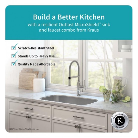 Kraus KBU14E-1640-42 Outlast MicroShield 31 1/2" Single Bowl Undermount Stainless Steel Kitchen Sink with Flex Kitchen Faucet and Soap Dispenser