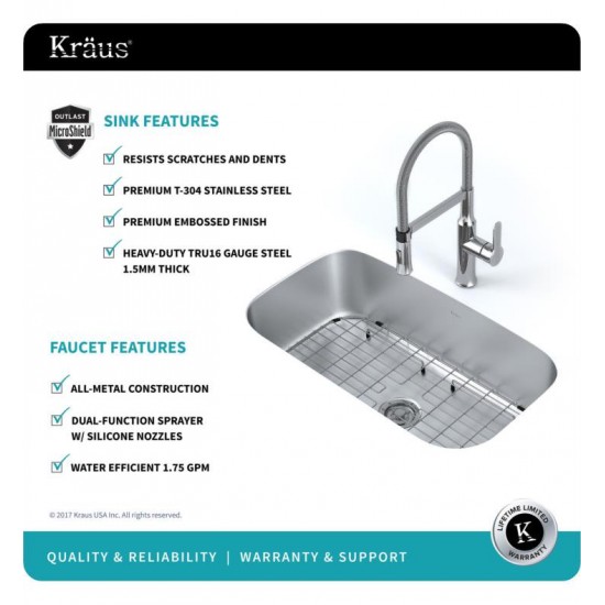 Kraus KBU14E-1640-42 Outlast MicroShield 31 1/2" Single Bowl Undermount Stainless Steel Kitchen Sink with Flex Kitchen Faucet and Soap Dispenser