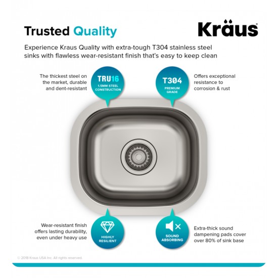 Kraus KBU17 15 1/8" Single Bowl Undermount Stainless Steel Rectangular Bar Kitchen Sink