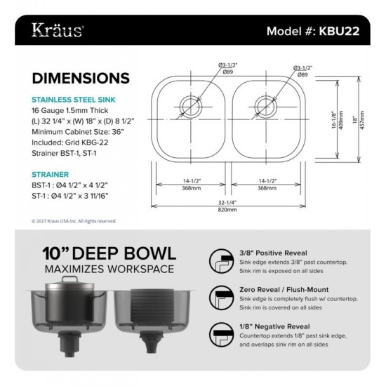 Kraus KBU22-KPF1612-KSD30 32 1/4" Double Bowl Undermount Stainless Steel Kitchen Sink with Commercial Style Kitchen Faucet and Soap Dispenser