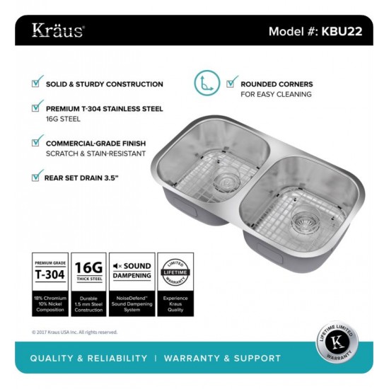 Kraus KBU22-KPF1612-KSD30 32 1/4" Double Bowl Undermount Stainless Steel Kitchen Sink with Commercial Style Kitchen Faucet and Soap Dispenser