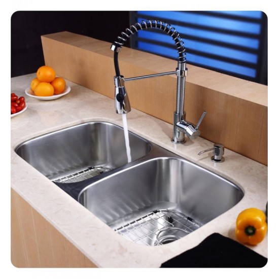 Kraus KBU22-KPF1612-KSD30 32 1/4" Double Bowl Undermount Stainless Steel Kitchen Sink with Commercial Style Kitchen Faucet and Soap Dispenser