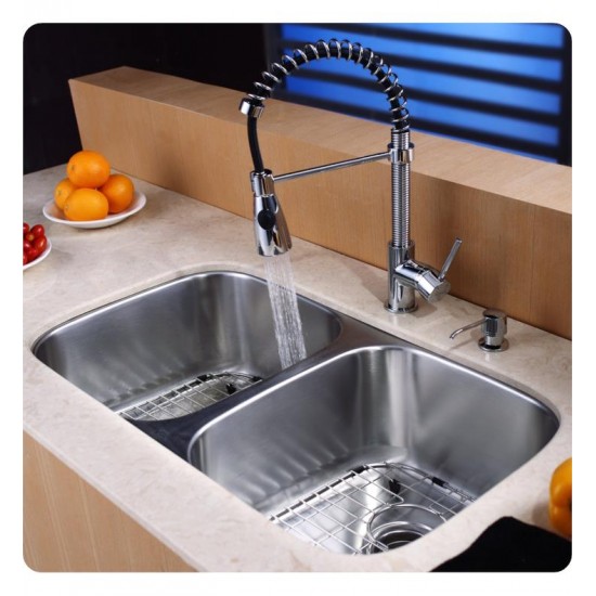 Kraus KBU22-KPF1612-KSD30 32 1/4" Double Bowl Undermount Stainless Steel Kitchen Sink with Commercial Style Kitchen Faucet and Soap Dispenser