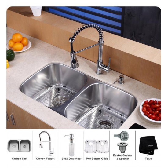 Kraus KBU22-KPF1612-KSD30 32 1/4" Double Bowl Undermount Stainless Steel Kitchen Sink with Commercial Style Kitchen Faucet and Soap Dispenser