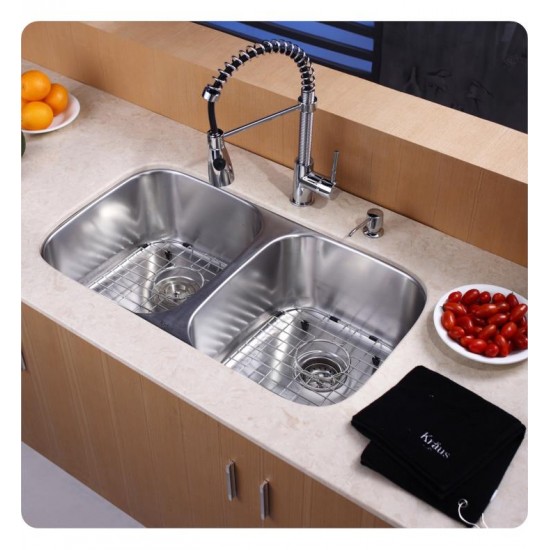 Kraus KBU22-KPF1612-KSD30 32 1/4" Double Bowl Undermount Stainless Steel Kitchen Sink with Commercial Style Kitchen Faucet and Soap Dispenser