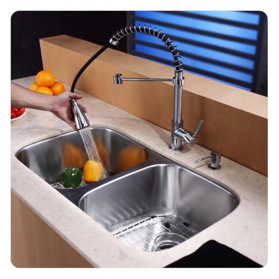 Kraus KBU22-KPF1612-KSD30 32 1/4" Double Bowl Undermount Stainless Steel Kitchen Sink with Commercial Style Kitchen Faucet and Soap Dispenser