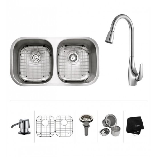 Kraus KBU22-KPF1621-KSD30 32 1/4" Double Bowl Undermount Stainless Steel Kitchen Sink with High Arch Pull Down Kitchen Faucet and Soap Dispenser