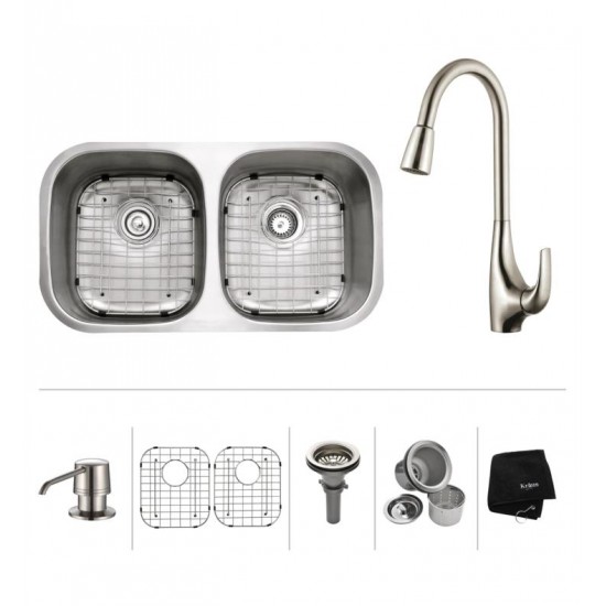 Kraus KBU22-KPF1621-KSD30 32 1/4" Double Bowl Undermount Stainless Steel Kitchen Sink with High Arch Pull Down Kitchen Faucet and Soap Dispenser