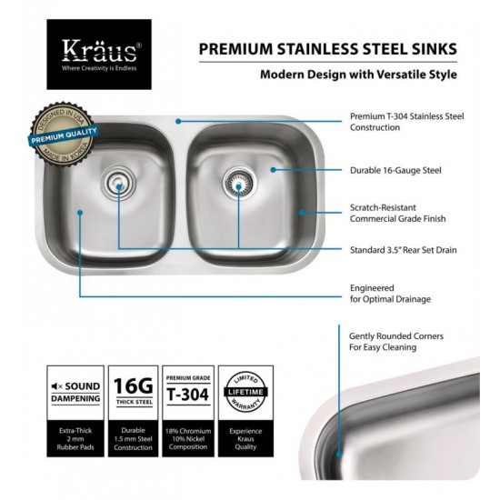 Kraus KBU22-KPF1621-KSD30 32 1/4" Double Bowl Undermount Stainless Steel Kitchen Sink with High Arch Pull Down Kitchen Faucet and Soap Dispenser