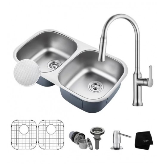 Kraus KBU22E-1630-42 Outlast MicroShield 32 1/4" Double Bowl Undermount Stainless Steel Kitchen Sink with Pull-Down Kitchen Faucet and Soap Dispenser