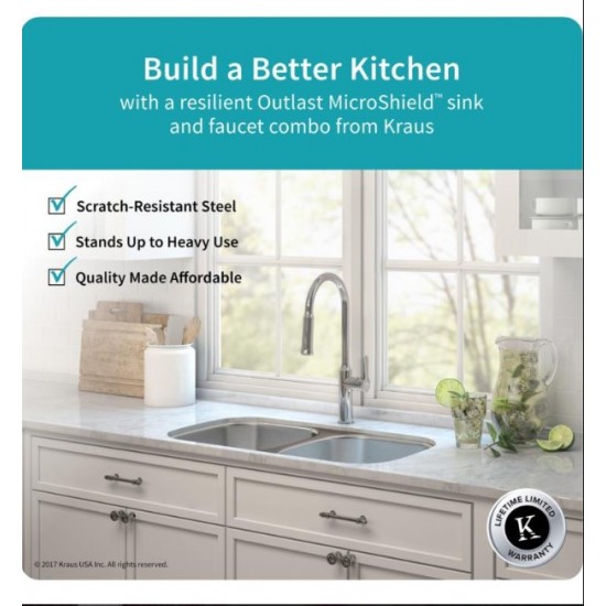 Kraus KBU22E-1630-42 Outlast MicroShield 32 1/4" Double Bowl Undermount Stainless Steel Kitchen Sink with Pull-Down Kitchen Faucet and Soap Dispenser