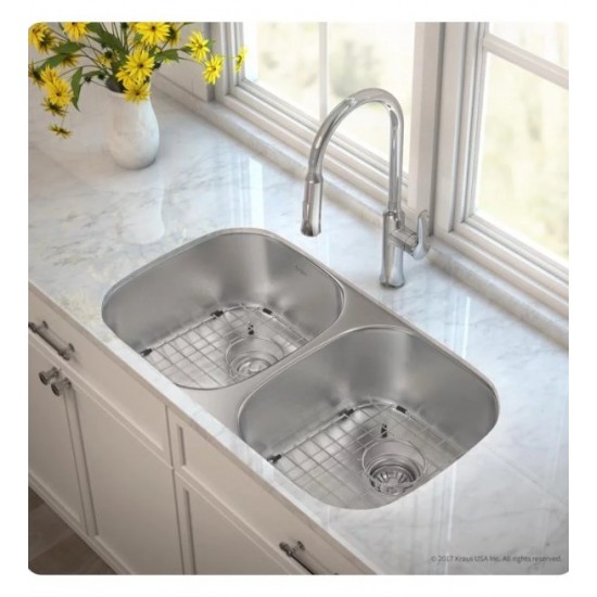 Kraus KBU22E-1630-42 Outlast MicroShield 32 1/4" Double Bowl Undermount Stainless Steel Kitchen Sink with Pull-Down Kitchen Faucet and Soap Dispenser