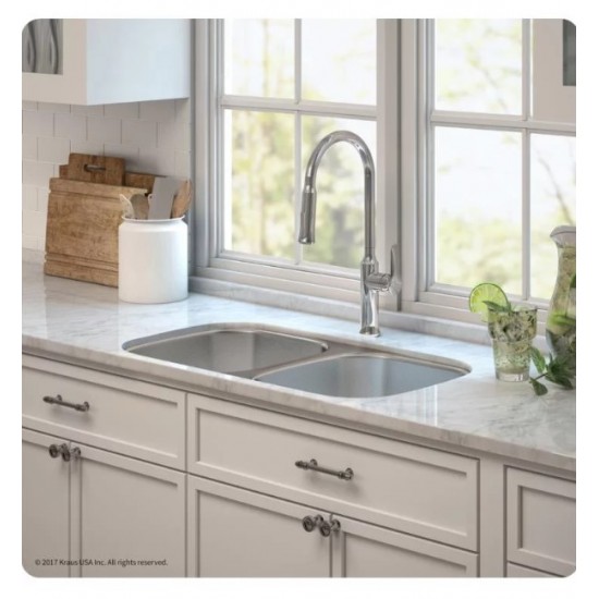 Kraus KBU22E-1630-42 Outlast MicroShield 32 1/4" Double Bowl Undermount Stainless Steel Kitchen Sink with Pull-Down Kitchen Faucet and Soap Dispenser