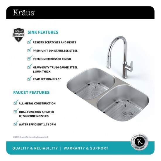 Kraus KBU22E-1630-42 Outlast MicroShield 32 1/4" Double Bowl Undermount Stainless Steel Kitchen Sink with Pull-Down Kitchen Faucet and Soap Dispenser