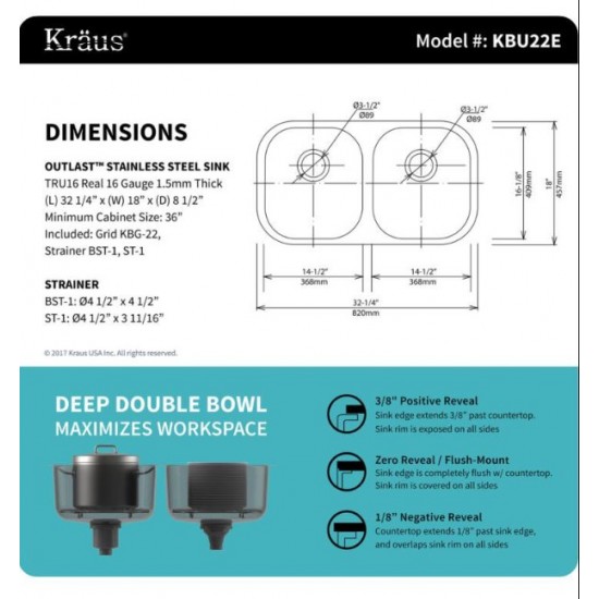 Kraus KBU22E-1630-42 Outlast MicroShield 32 1/4" Double Bowl Undermount Stainless Steel Kitchen Sink with Pull-Down Kitchen Faucet and Soap Dispenser