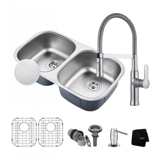 Kraus KBU22E-1640-42 Outlast MicroShield 32 1/4" Double Bowl Undermount Stainless Steel Kitchen Sink with Flex Kitchen Faucet and Soap Dispenser