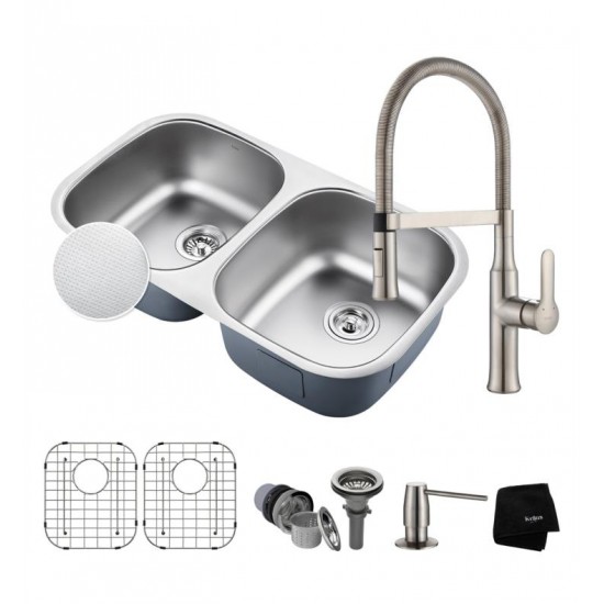 Kraus KBU22E-1640-42 Outlast MicroShield 32 1/4" Double Bowl Undermount Stainless Steel Kitchen Sink with Flex Kitchen Faucet and Soap Dispenser