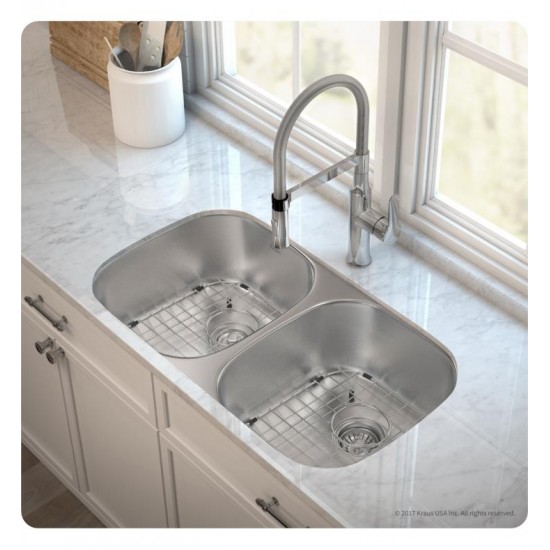 Kraus KBU22E-1640-42 Outlast MicroShield 32 1/4" Double Bowl Undermount Stainless Steel Kitchen Sink with Flex Kitchen Faucet and Soap Dispenser