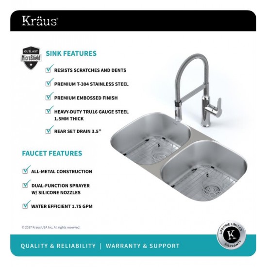 Kraus KBU22E-1640-42 Outlast MicroShield 32 1/4" Double Bowl Undermount Stainless Steel Kitchen Sink with Flex Kitchen Faucet and Soap Dispenser