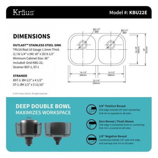 Kraus KBU22E-1640-42 Outlast MicroShield 32 1/4" Double Bowl Undermount Stainless Steel Kitchen Sink with Flex Kitchen Faucet and Soap Dispenser