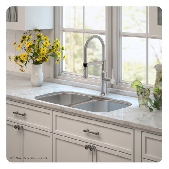 Kraus KBU22E-1640-42 Outlast MicroShield 32 1/4" Double Bowl Undermount Stainless Steel Kitchen Sink with Flex Kitchen Faucet and Soap Dispenser