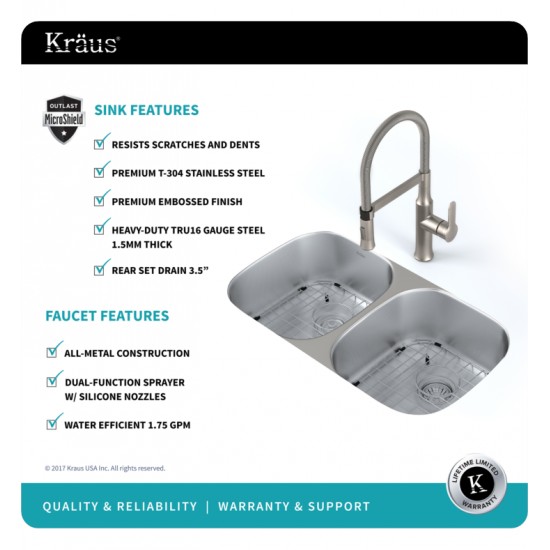 Kraus KBU22E-1640-42 Outlast MicroShield 32 1/4" Double Bowl Undermount Stainless Steel Kitchen Sink with Flex Kitchen Faucet and Soap Dispenser