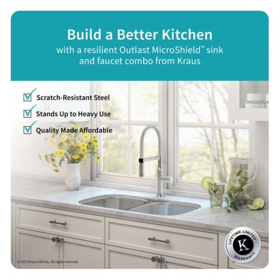 Kraus KBU22E-1640-42 Outlast MicroShield 32 1/4" Double Bowl Undermount Stainless Steel Kitchen Sink with Flex Kitchen Faucet and Soap Dispenser