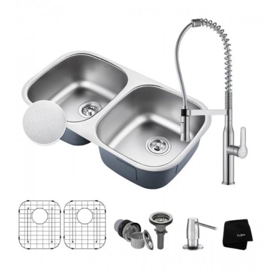 Kraus KBU22E-1650-42 Outlast MicroShield 32 1/4" Double Bowl Undermount Stainless Steel Kitchen Sink with Pre-Rinse Kitchen Faucet and Soap Dispenser