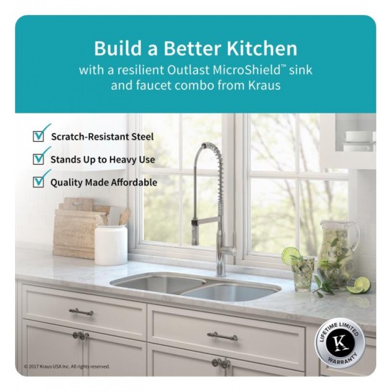 Kraus KBU22E-1650-42 Outlast MicroShield 32 1/4" Double Bowl Undermount Stainless Steel Kitchen Sink with Pre-Rinse Kitchen Faucet and Soap Dispenser