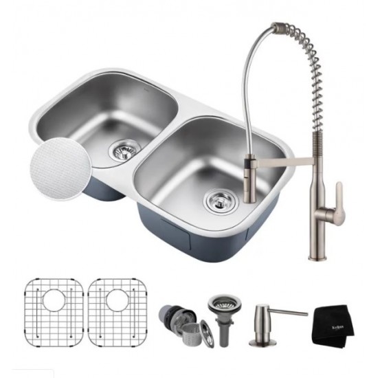 Kraus KBU22E-1650-42 Outlast MicroShield 32 1/4" Double Bowl Undermount Stainless Steel Kitchen Sink with Pre-Rinse Kitchen Faucet and Soap Dispenser