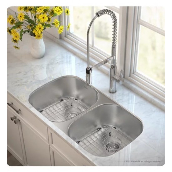 Kraus KBU22E-1650-42 Outlast MicroShield 32 1/4" Double Bowl Undermount Stainless Steel Kitchen Sink with Pre-Rinse Kitchen Faucet and Soap Dispenser