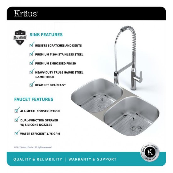 Kraus KBU22E-1650-42 Outlast MicroShield 32 1/4" Double Bowl Undermount Stainless Steel Kitchen Sink with Pre-Rinse Kitchen Faucet and Soap Dispenser