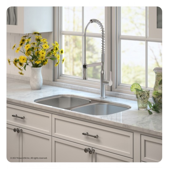 Kraus KBU22E-1650-42 Outlast MicroShield 32 1/4" Double Bowl Undermount Stainless Steel Kitchen Sink with Pre-Rinse Kitchen Faucet and Soap Dispenser