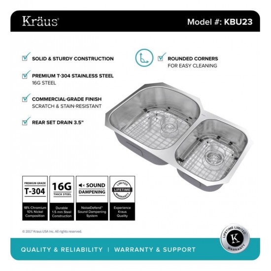 Kraus KBU23-KPF1612-KSD30 32 3/8" Double Bowl Undermount Stainless Steel Kitchen Sink with Commercial Style Kitchen Faucet and Soap Dispenser