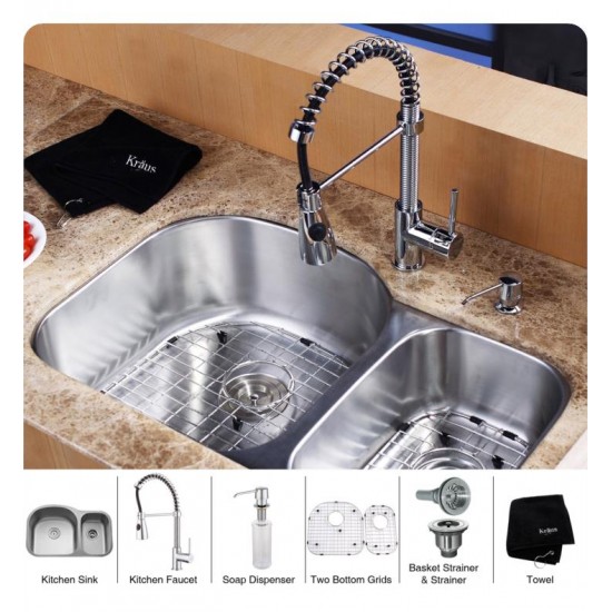 Kraus KBU23-KPF1612-KSD30 32 3/8" Double Bowl Undermount Stainless Steel Kitchen Sink with Commercial Style Kitchen Faucet and Soap Dispenser