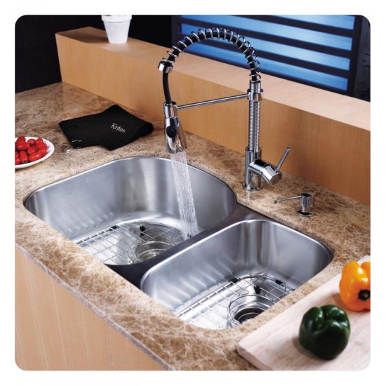 Kraus KBU23-KPF1612-KSD30 32 3/8" Double Bowl Undermount Stainless Steel Kitchen Sink with Commercial Style Kitchen Faucet and Soap Dispenser