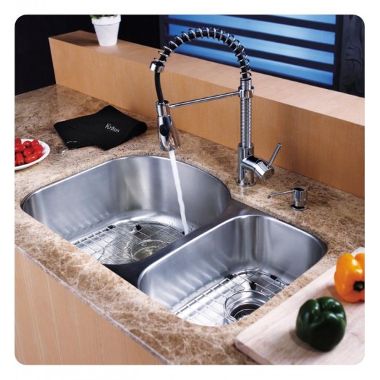 Kraus KBU23-KPF1612-KSD30 32 3/8" Double Bowl Undermount Stainless Steel Kitchen Sink with Commercial Style Kitchen Faucet and Soap Dispenser