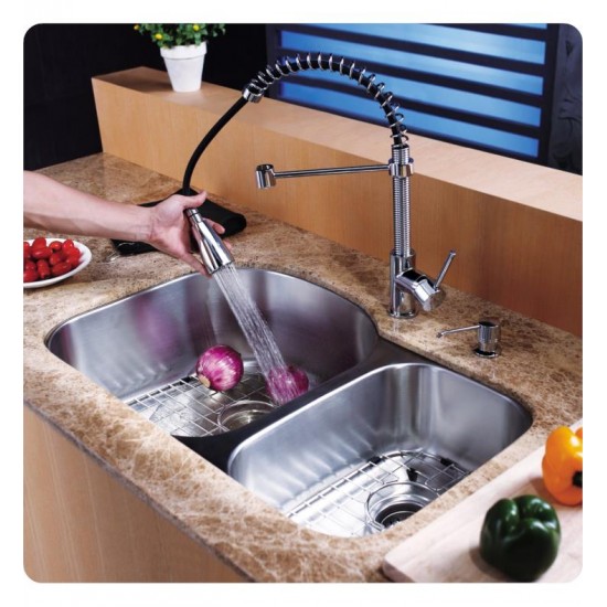 Kraus KBU23-KPF1612-KSD30 32 3/8" Double Bowl Undermount Stainless Steel Kitchen Sink with Commercial Style Kitchen Faucet and Soap Dispenser