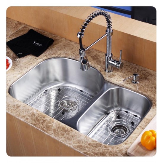 Kraus KBU23-KPF1612-KSD30 32 3/8" Double Bowl Undermount Stainless Steel Kitchen Sink with Commercial Style Kitchen Faucet and Soap Dispenser