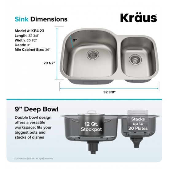 Kraus KBU23 32 3/8" Double Bowl Undermount Stainless Steel Rectangular Kitchen Sink