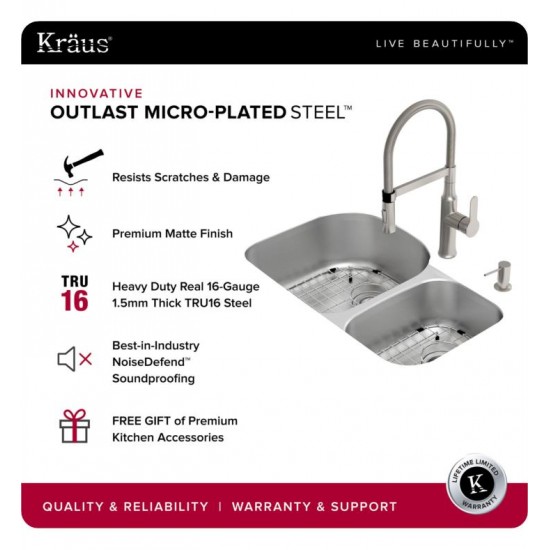 Kraus KBU23E Outlast MicroShield 32 3/8" Double Bowl Undermount Stainless Steel Rectangular Kitchen Sink