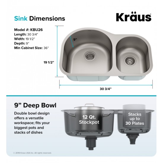 Kraus KBU26 30 3/4" Double Bowl Undermount Stainless Steel Rectangular Kitchen Sink