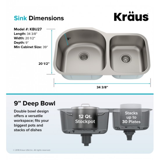 Kraus KBU27 34 3/8" Double Bowl Undermount Stainless Steel Rectangular Kitchen Sink