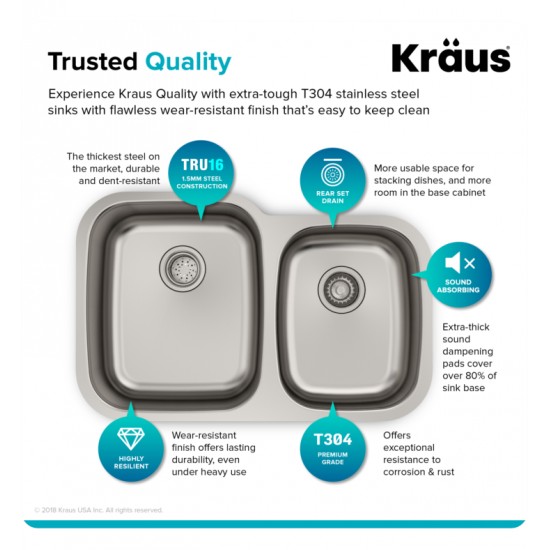 Kraus KBU27 34 3/8" Double Bowl Undermount Stainless Steel Rectangular Kitchen Sink