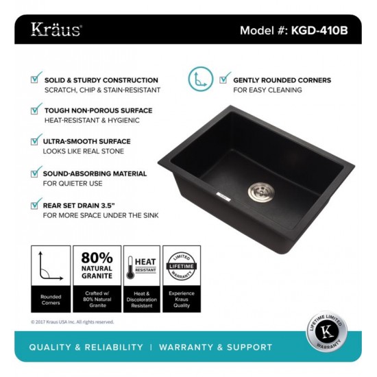 Kraus KGD-410B 24" Single Bowl Drop-In/Undermount Granite Composite Rectangular Kitchen Sink