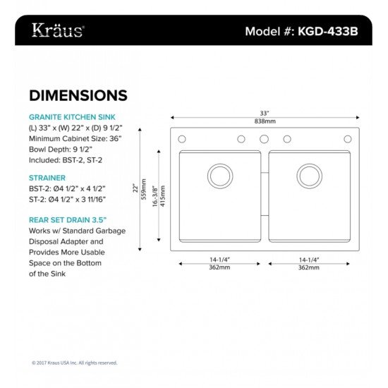 Kraus KGD-433B 33" Double Bowl Drop-In/Undermount Granite Composite Rectangular Kitchen Sink