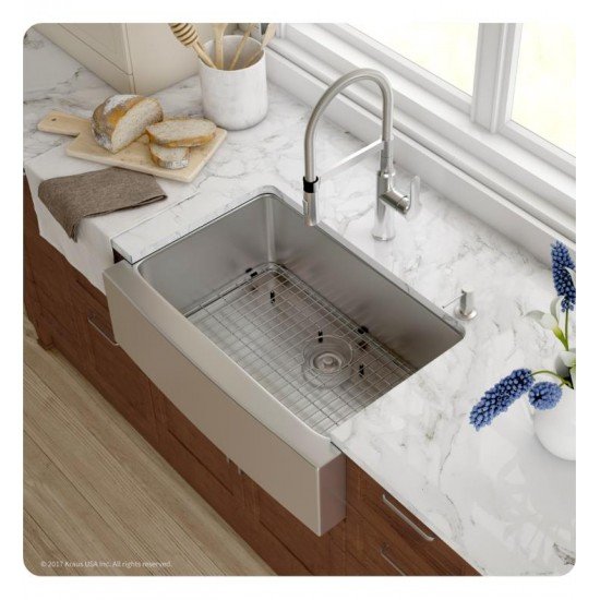 Kraus KHF200-30-1640-42CH 29 3/4" Single Bowl Farmhouse/Apron Front Stainless Steel Kitchen Sink with Flex Kitchen Faucet and Soap Dispenser
