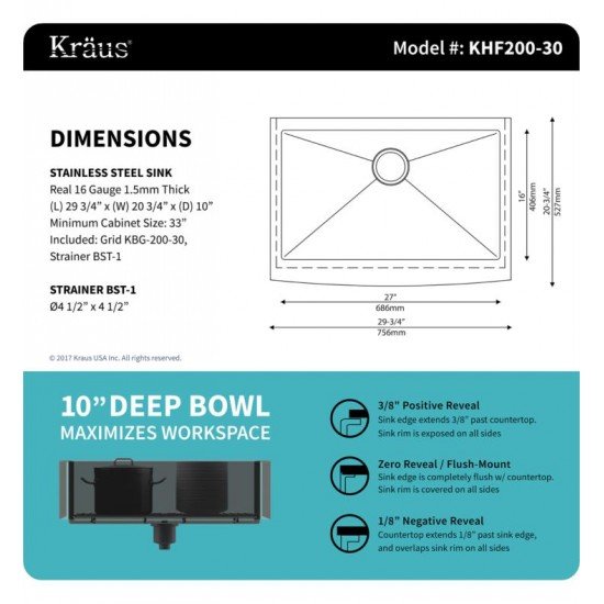 Kraus KHF200-30-1640-42CH 29 3/4" Single Bowl Farmhouse/Apron Front Stainless Steel Kitchen Sink with Flex Kitchen Faucet and Soap Dispenser