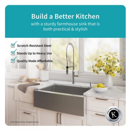 Kraus KHF200-30-1650-41 29 3/4" Single Bowl Farmhouse/Apron Front Stainless Steel Kitchen Sink with Pull-Down Kitchen Faucet and Soap Dispenser