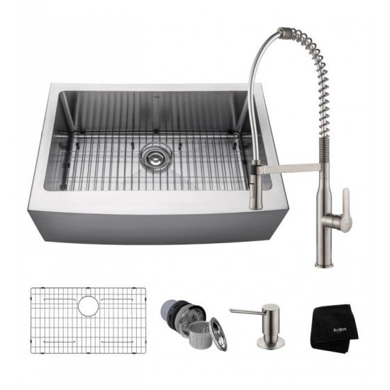 Kraus KHF200-30-1650-41 29 3/4" Single Bowl Farmhouse/Apron Front Stainless Steel Kitchen Sink with Pull-Down Kitchen Faucet and Soap Dispenser